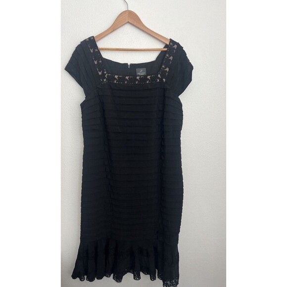 Adrianna Papell Black Dress Cap Sleeve Square Neck Flow Lace Party Stretch 18W - Picture 1 of 8